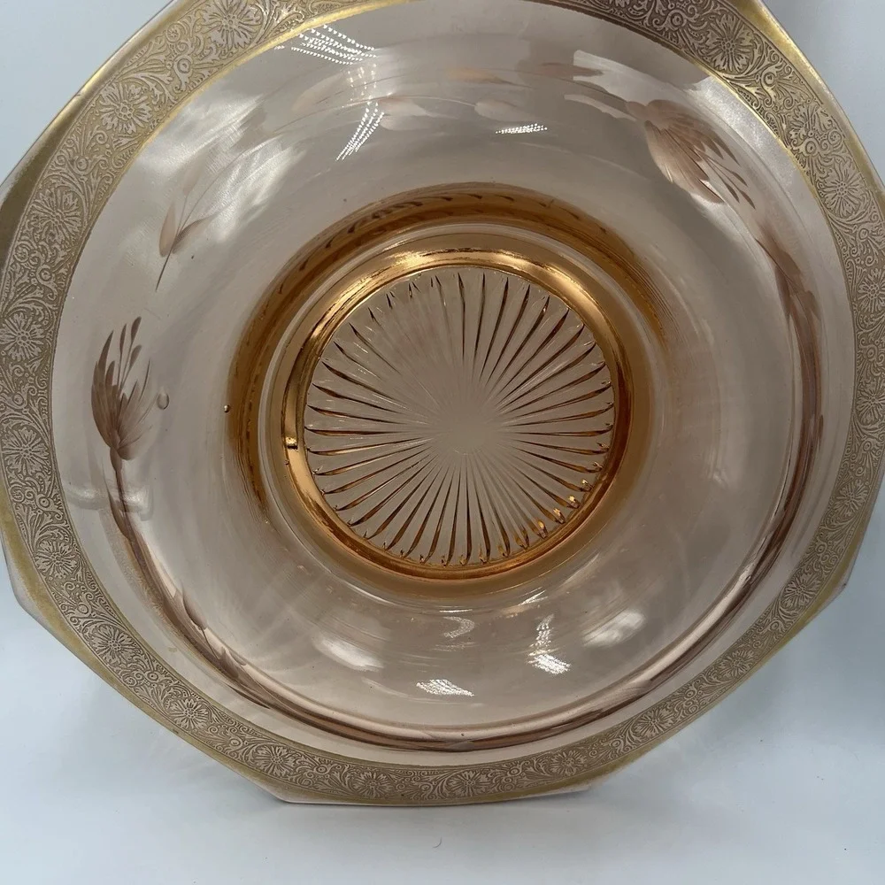 VTG Pink Depression Glass Chip & Dip Set‎ / Console Bowl Etched Scroll Rim